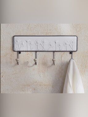 Source Unknown White & Cream Floral Ceramic Hook Rack